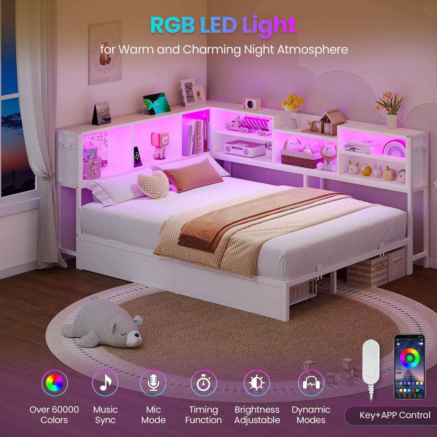 Hasuit | Corner Bed Frame with Storage Bookcase Modern Teenagers Bedframe with 2 Drawers Kids Bed Unit with Charging Station White