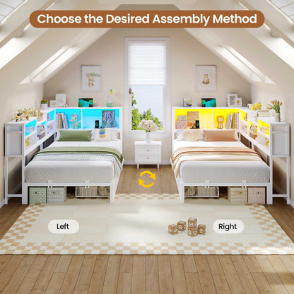 Hasuit | Corner Bed Frame with Storage Bookcase Modern Teenagers Bedframe with 2 Drawers Kids Bed Unit with Charging Station White