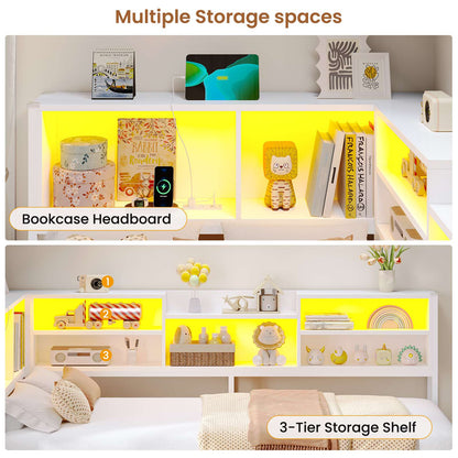 Hasuit | Corner Bed Frame with Storage Bookcase Modern Teenagers Bedframe with 2 Drawers Kids Bed Unit with Charging Station White