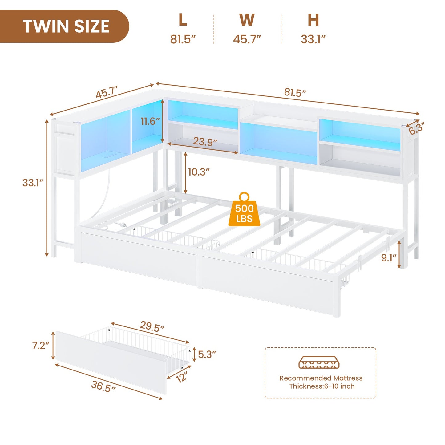 Hasuit | Corner Bed Frame with Storage Bookcase Modern Teenagers Bedframe with 2 Drawers Kids Bed Unit with Charging Station White