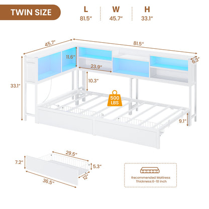 Hasuit | Corner Bed Frame with Storage Bookcase Modern Teenagers Bedframe with 2 Drawers Kids Bed Unit with Charging Station White