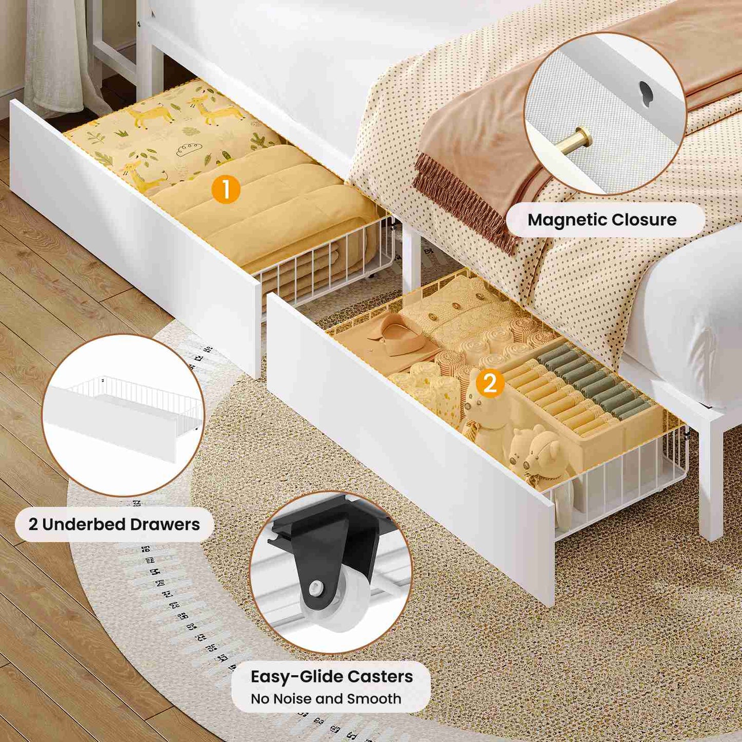 Hasuit | Corner Bed Frame with Storage Bookcase Modern Teenagers Bedframe with 2 Drawers Kids Bed Unit with Charging Station White