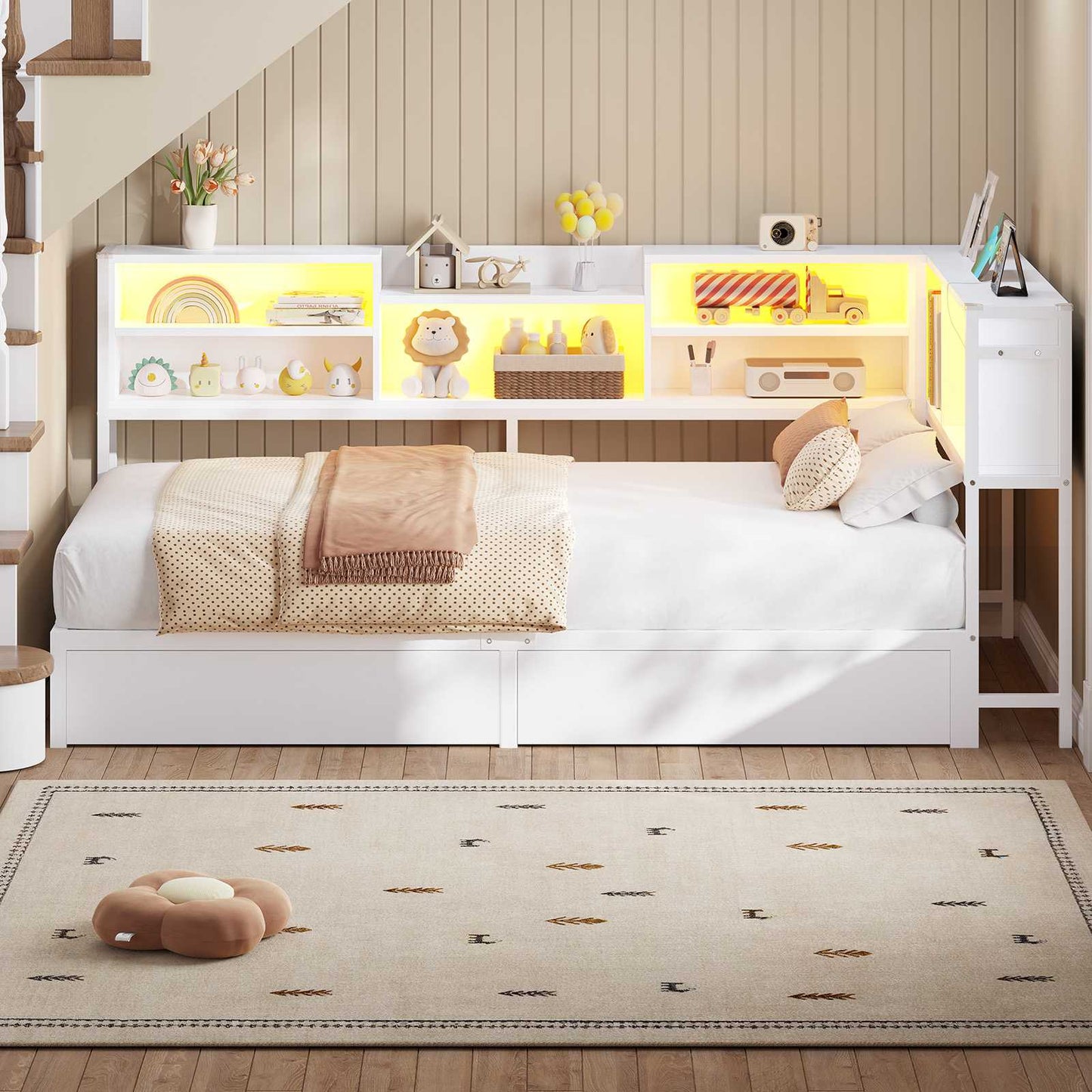 Hasuit | Corner Bed Frame with Storage Bookcase Modern Teenagers Bedframe with 2 Drawers Kids Bed Unit with Charging Station White