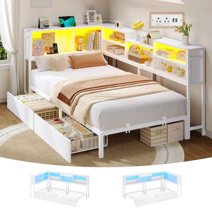 Hasuit | Corner Bed Frame with Storage Bookcase Modern Teenagers Bedframe with 2 Drawers Kids Bed Unit with Charging Station White