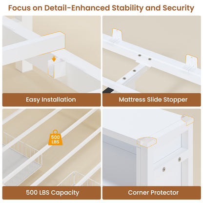 Hasuit | Corner Bed Frame with Storage Bookcase Modern Teenagers Bedframe with 2 Drawers Kids Bed Unit with Charging Station White