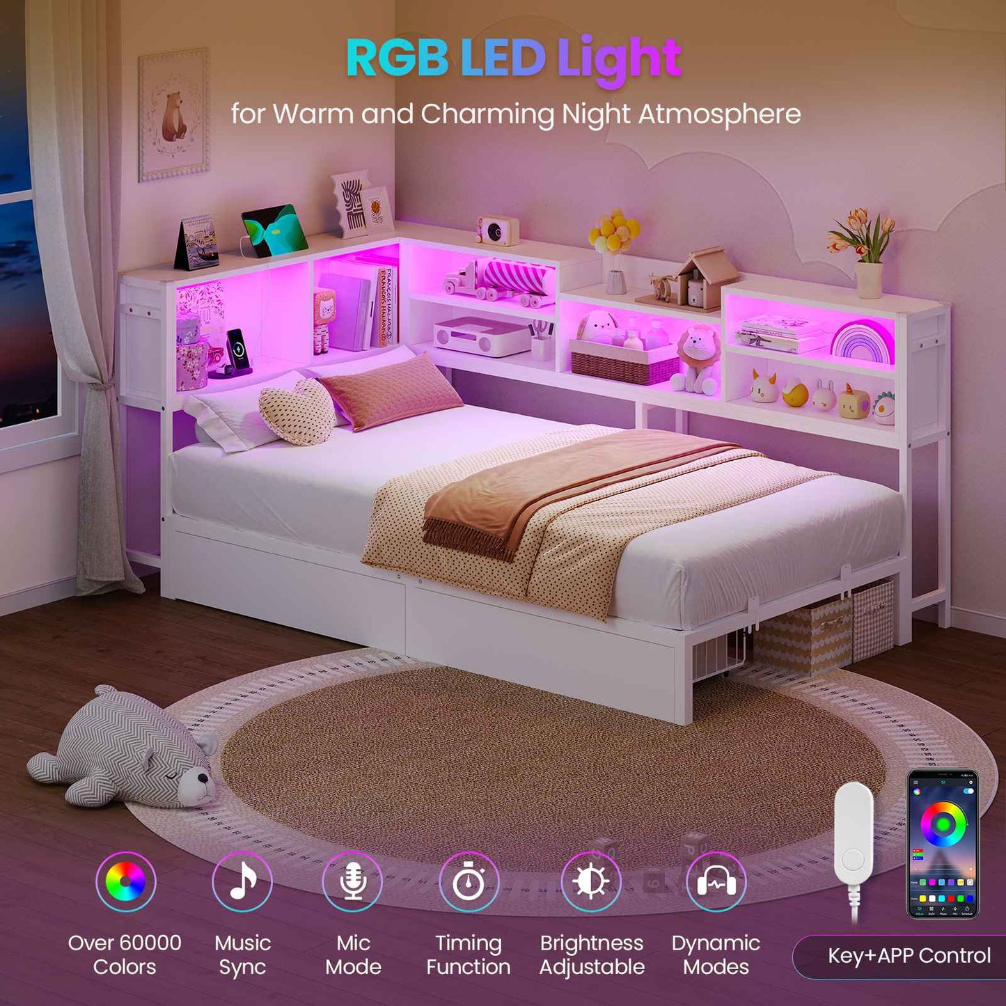 Hasuit | Corner Bed Frame with Storage Bookcase Modern Teenagers Bedframe with 2 Drawers Kids Bed Unit with Charging Station White