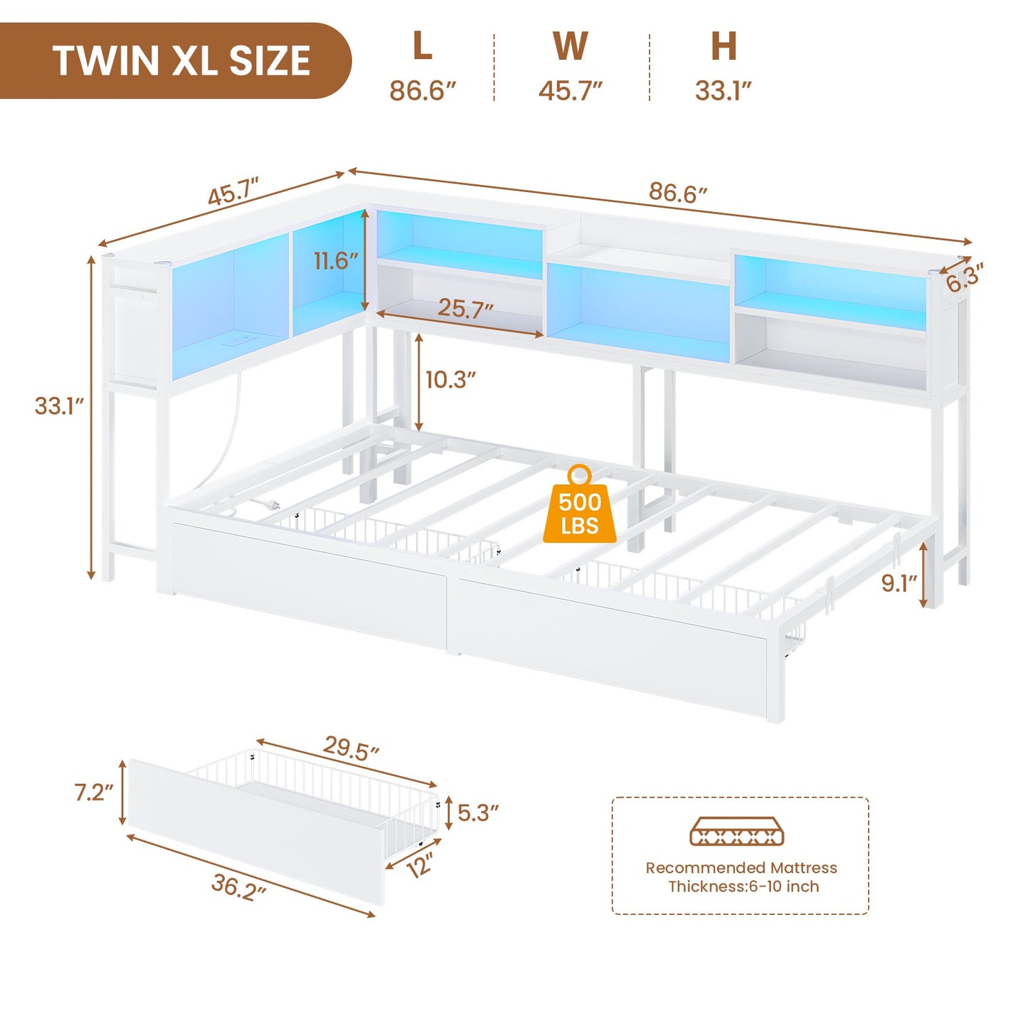 Hasuit | Corner Bed Frame with Storage Bookcase Modern Teenagers Bedframe with 2 Drawers Kids Bed Unit with Charging Station White