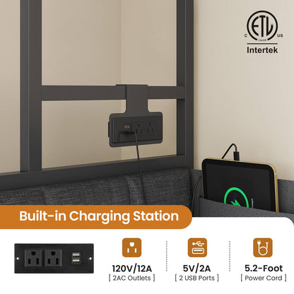 Hasuit | Twin Size Corner Bed Frame with 4 Drawers and Coat Rack Daybed with Built-in Charging Station and LED Lights