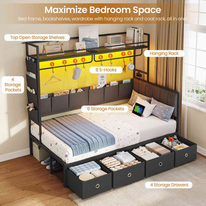 Hasuit | Twin Size Corner Bed Frame with 4 Drawers and Coat Rack Daybed with Built-in Charging Station and LED Lights