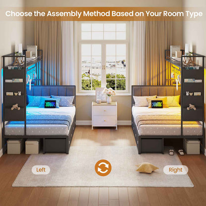 Hasuit | Twin Size Corner Bed Frame with 4 Drawers and Coat Rack Daybed with Built-in Charging Station and LED Lights