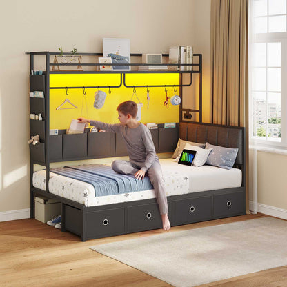 Hasuit | Twin Size Corner Bed Frame with 4 Drawers and Coat Rack Daybed with Built-in Charging Station and LED Lights