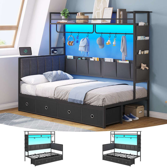 Hasuit | Twin Size Corner Bed Frame with 4 Drawers and Coat Rack Daybed with Built-in Charging Station and LED Lights