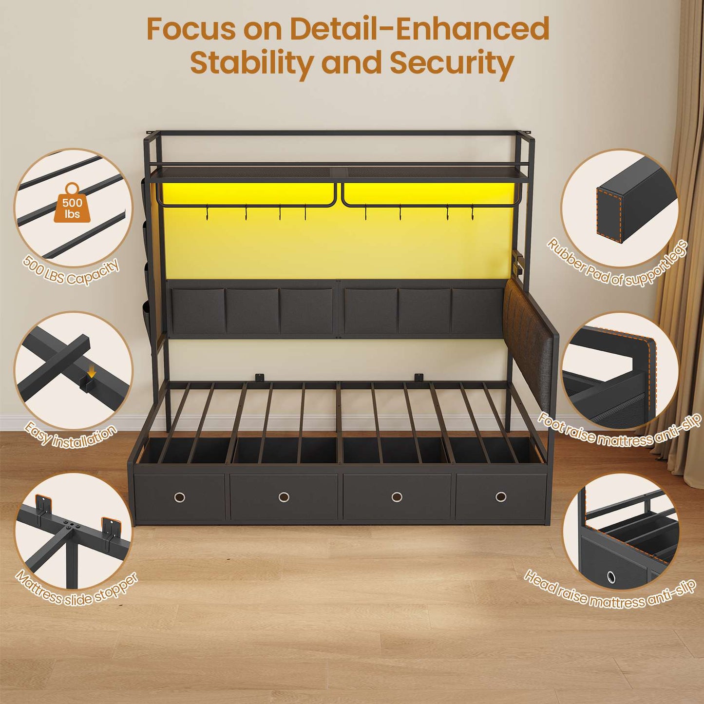 Hasuit | Twin Size Corner Bed Frame with 4 Drawers and Coat Rack Daybed with Built-in Charging Station and LED Lights