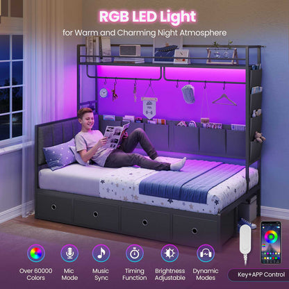 Hasuit | Twin Size Corner Bed Frame with 4 Drawers and Coat Rack Daybed with Built-in Charging Station and LED Lights