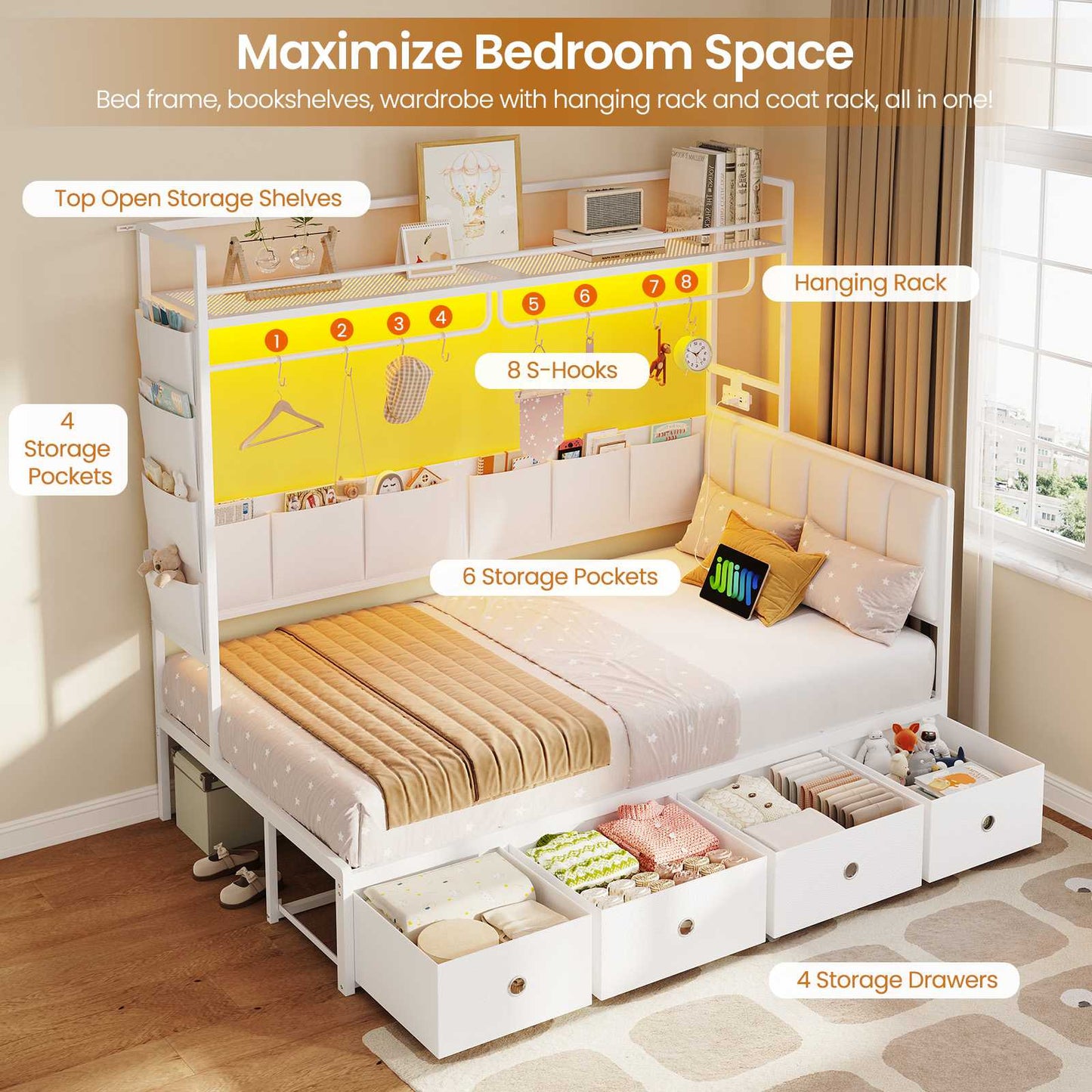 Hasuit | Twin Size Corner Bed Frame with 4 Drawers and Coat Rack Metal Platform Bed with Charging Station and LED Lights