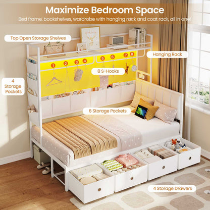 Hasuit | Twin Size Corner Bed Frame with 4 Drawers and Coat Rack Metal Platform Bed with Charging Station and LED Lights
