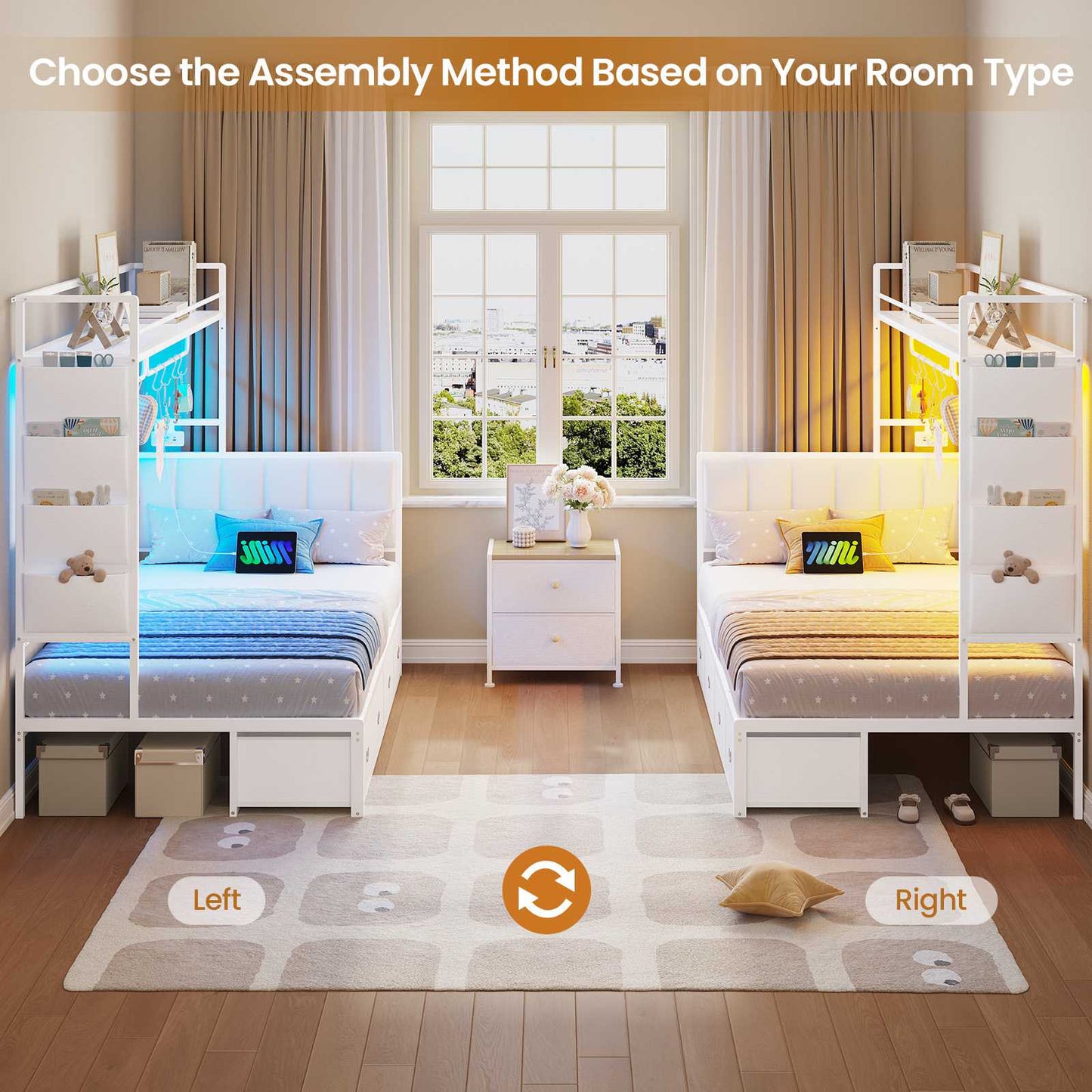 Hasuit | Twin Size Corner Bed Frame with 4 Drawers and Coat Rack Metal Platform Bed with Charging Station and LED Lights