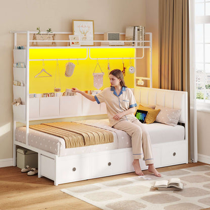 Hasuit | Twin Size Corner Bed Frame with 4 Drawers and Coat Rack Metal Platform Bed with Charging Station and LED Lights