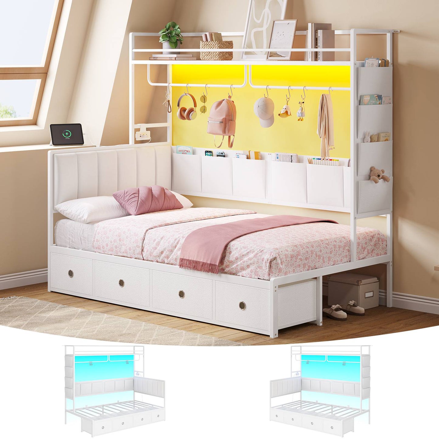 Hasuit | Twin Size Corner Bed Frame with 4 Drawers and Coat Rack Metal Platform Bed with Charging Station and LED Lights