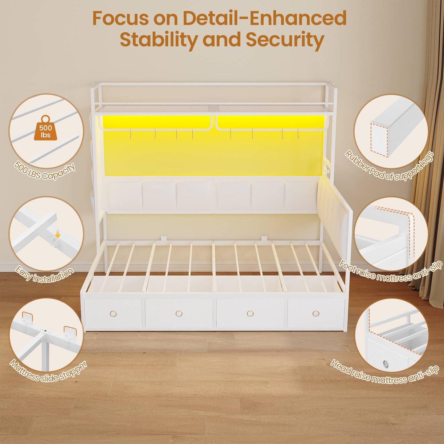 Hasuit | Twin Size Corner Bed Frame with 4 Drawers and Coat Rack Metal Platform Bed with Charging Station and LED Lights