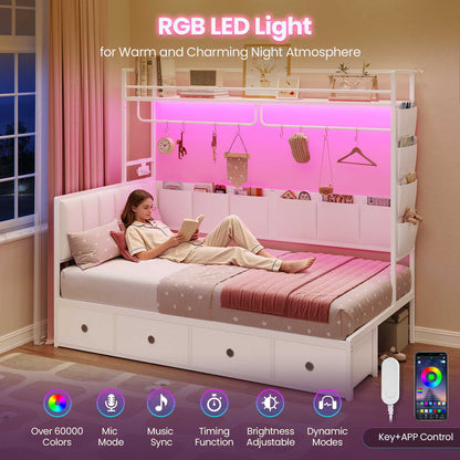 Hasuit | Twin Size Corner Bed Frame with 4 Drawers and Coat Rack Metal Platform Bed with Charging Station and LED Lights