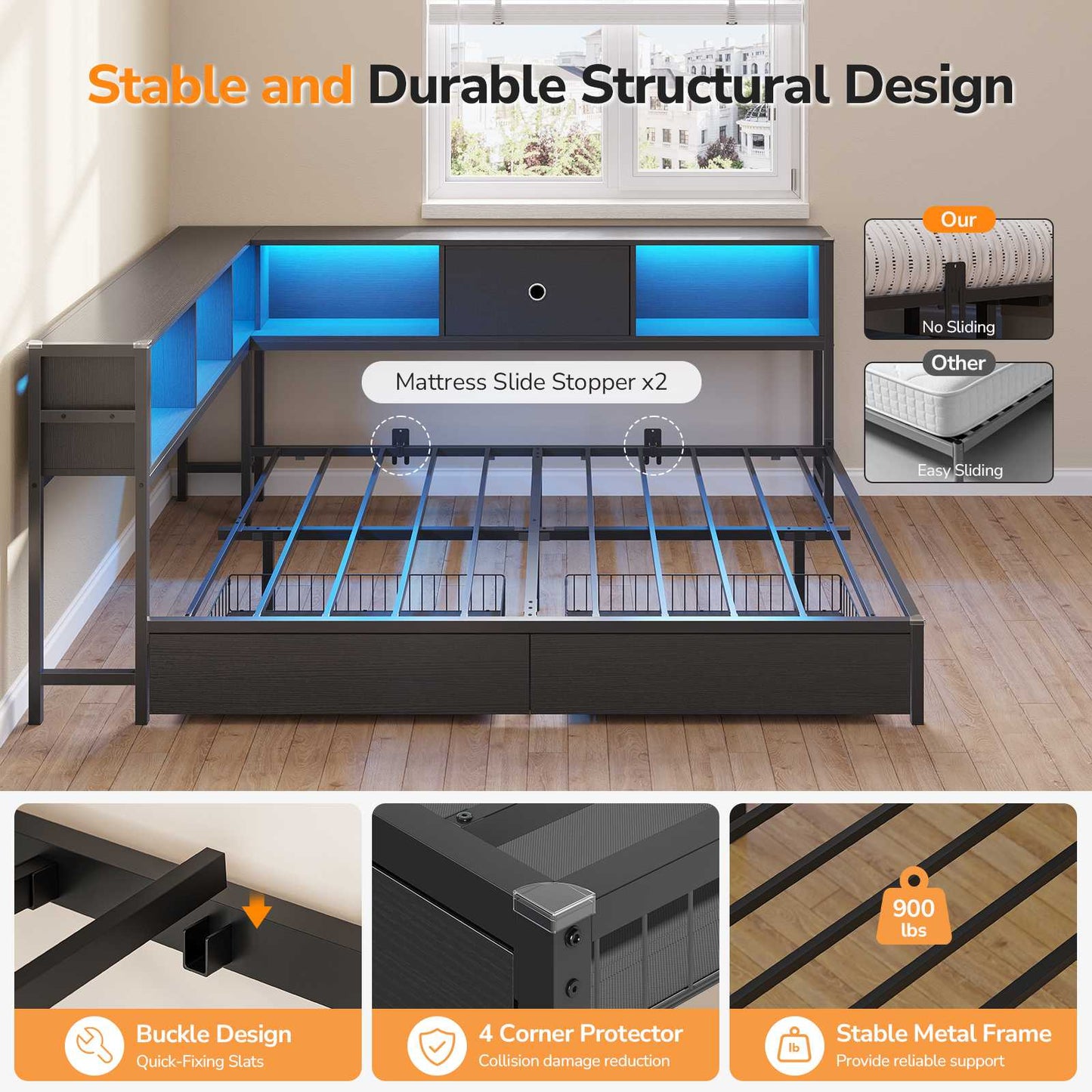 Hasuit | Corner Bed Frame with Storage Bookcase Day Bed with Charging Station and LED Lights Convertible Beds for Kids Teens Black