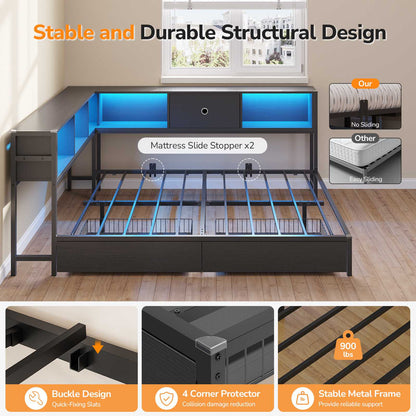 Hasuit | Corner Bed Frame with Storage Bookcase Day Bed with Charging Station and LED Lights Convertible Beds for Kids Teens Black