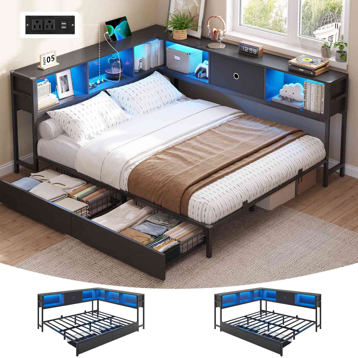 Hasuit | Corner Bed Frame with Storage Bookcase Day Bed with Charging Station and LED Lights Convertible Beds for Kids Teens Black