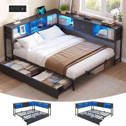 Hasuit | Corner Bed Frame with Storage Bookcase Day Bed with Charging Station and LED Lights Convertible Beds for Kids Teens Black