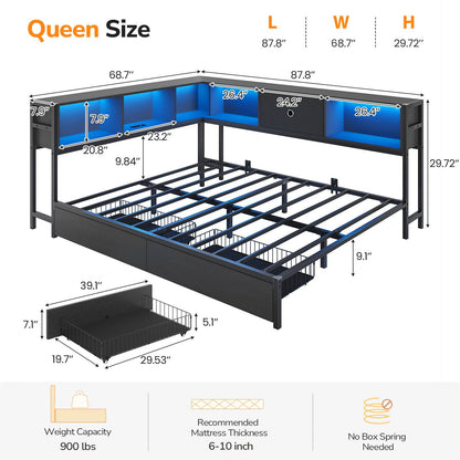 Hasuit | Corner Bed Frame with Storage Bookcase Day Bed with Charging Station and LED Lights Convertible Beds for Kids Teens Black