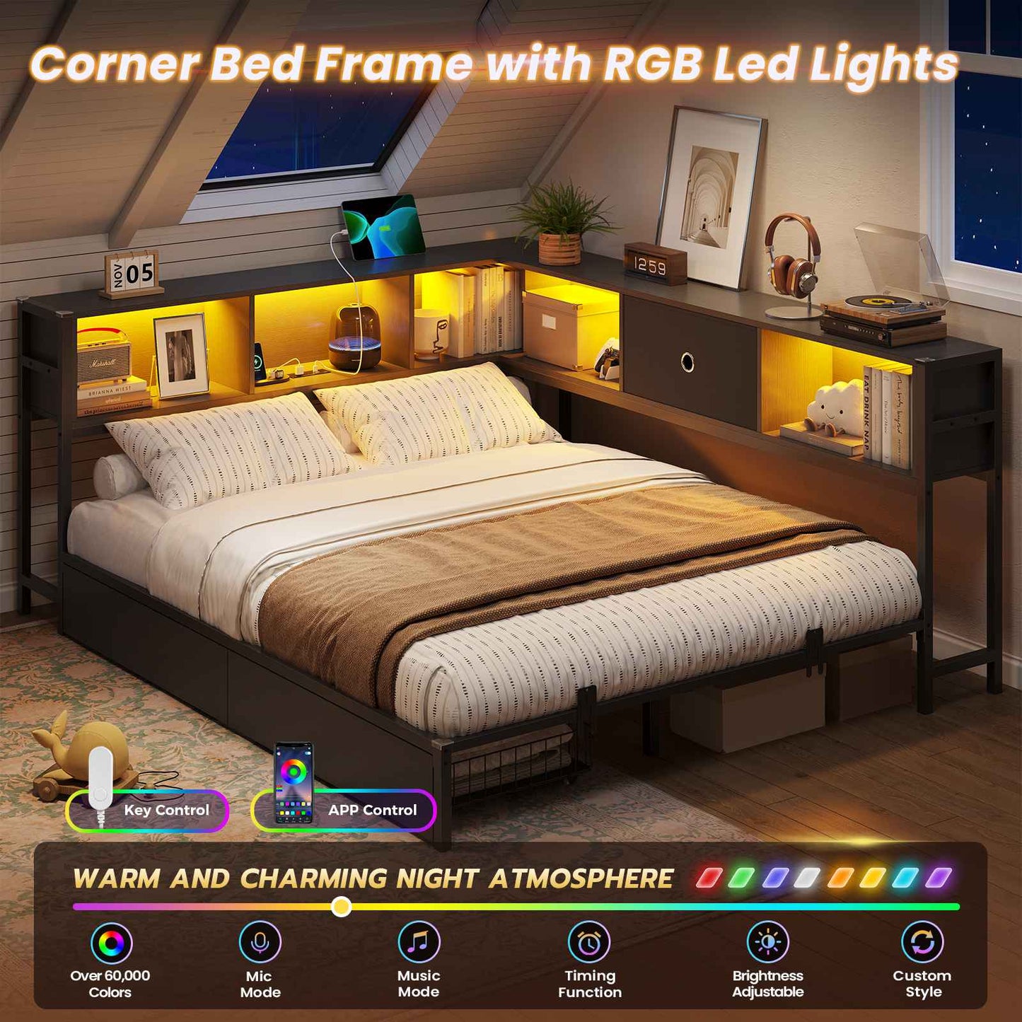 Hasuit | Corner Bed Frame with Storage Bookcase Day Bed with Charging Station and LED Lights Convertible Beds for Kids Teens Black