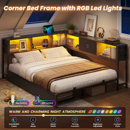 Hasuit | Corner Bed Frame with Storage Bookcase Day Bed with Charging Station and LED Lights Convertible Beds for Kids Teens Black