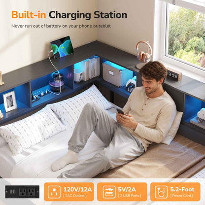 Hasuit | Corner Bed Frame with Storage Bookcase Day Bed with Charging Station and LED Lights Convertible Beds for Kids Teens Black