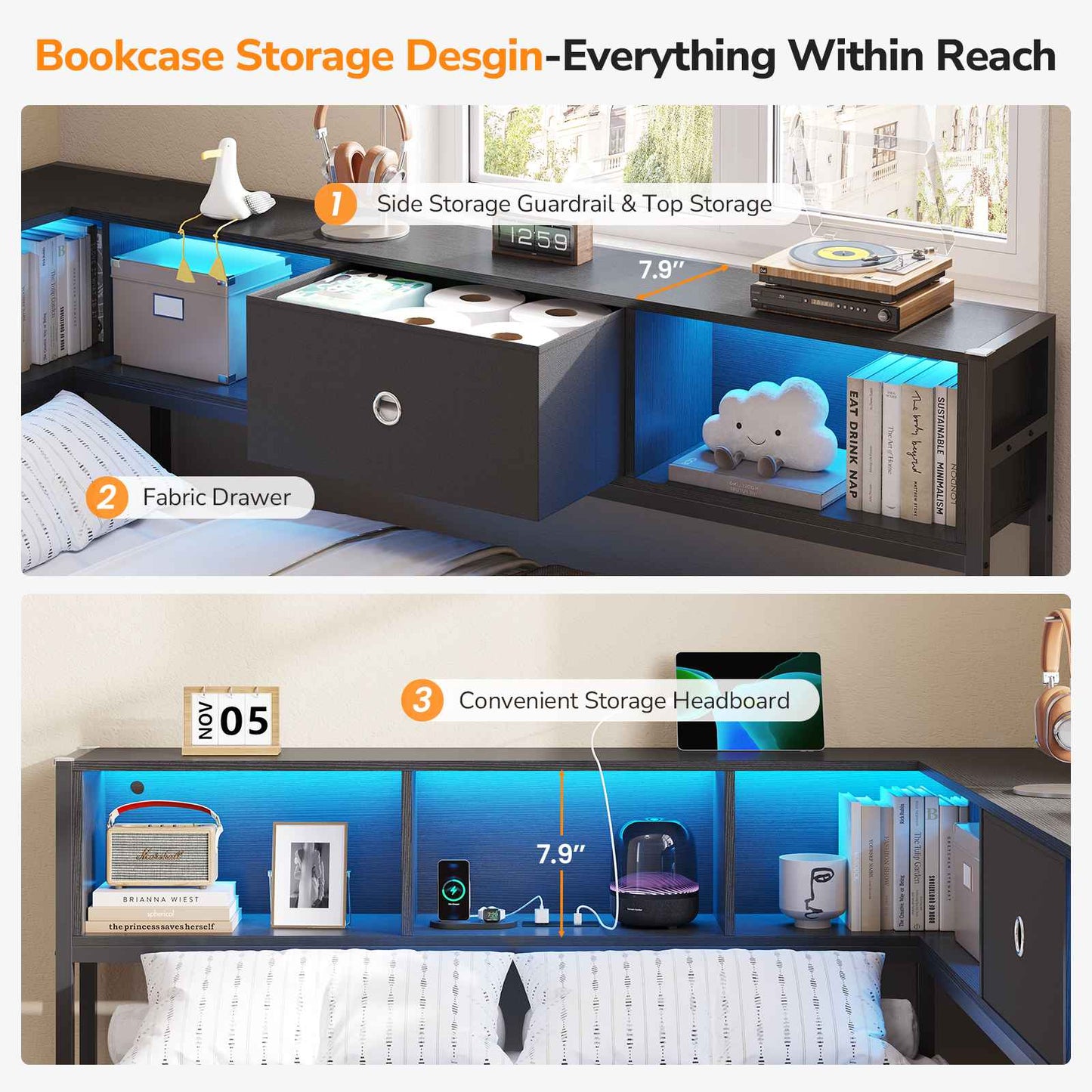Hasuit | Corner Bed Frame with Storage Bookcase Day Bed with Charging Station and LED Lights Convertible Beds for Kids Teens Black