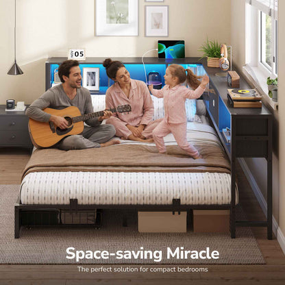 Hasuit | Corner Bed Frame with Storage Bookcase Day Bed with Charging Station and LED Lights Convertible Beds for Kids Teens Black
