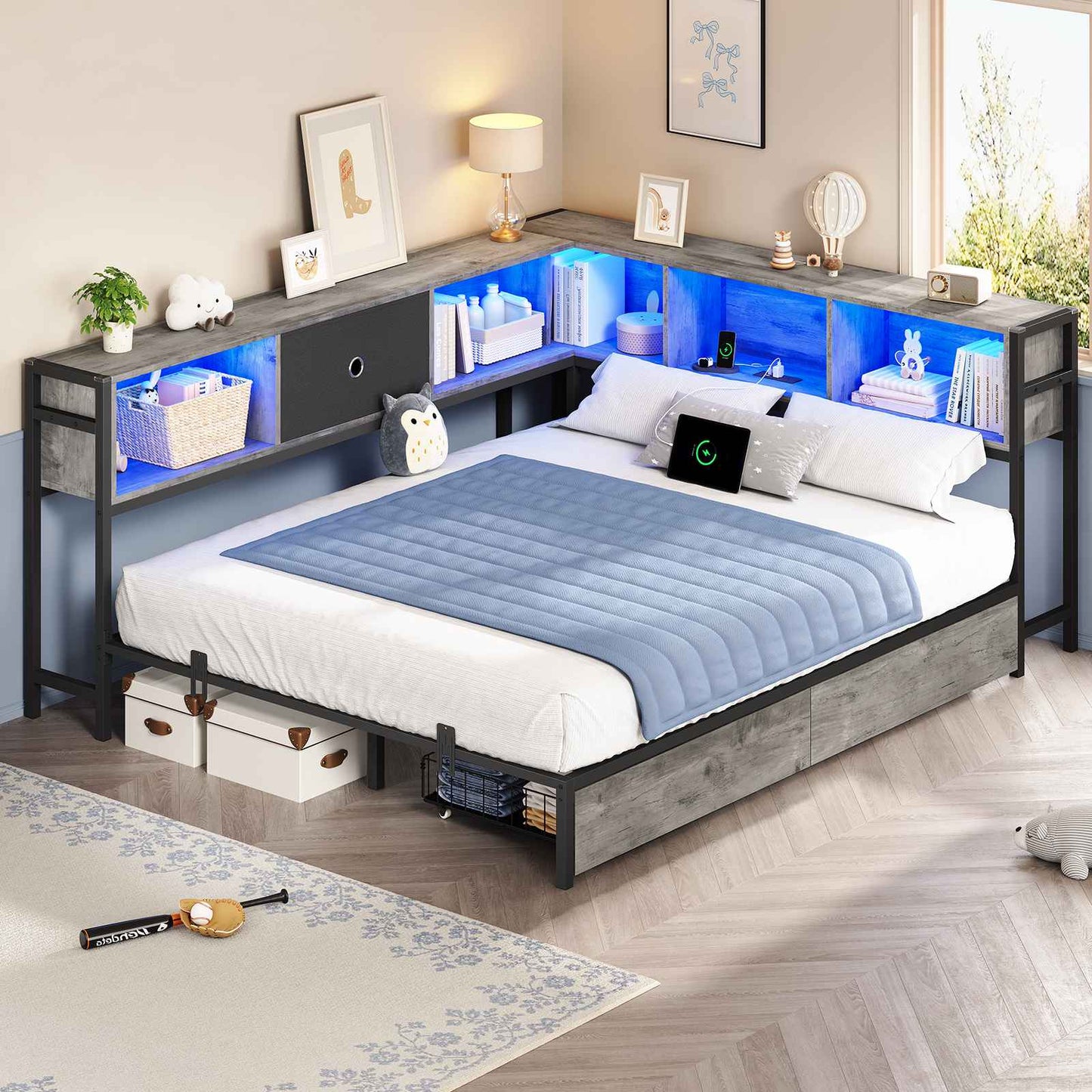 Hasuit | Corner Bed Frame with Storage Drawers and Bookcase Headboard Metal Platform Day Bed with Charging Station and LED Lights Oak Gray