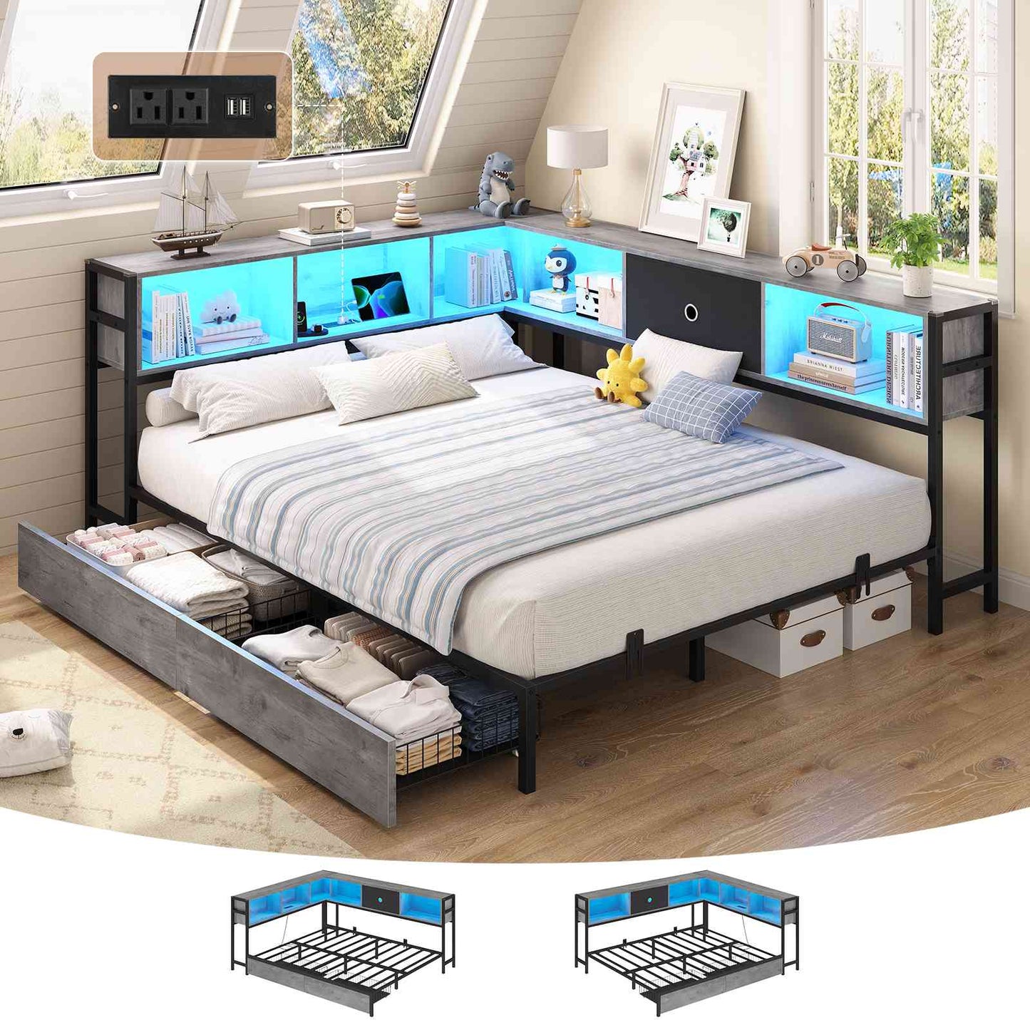 Hasuit | Corner Bed Frame with Storage Drawers and Bookcase Headboard Metal Platform Day Bed with Charging Station and LED Lights Oak Gray
