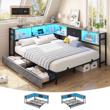 Hasuit | Corner Bed Frame with Storage Drawers and Bookcase Headboard Metal Platform Day Bed with Charging Station and LED Lights Oak Gray