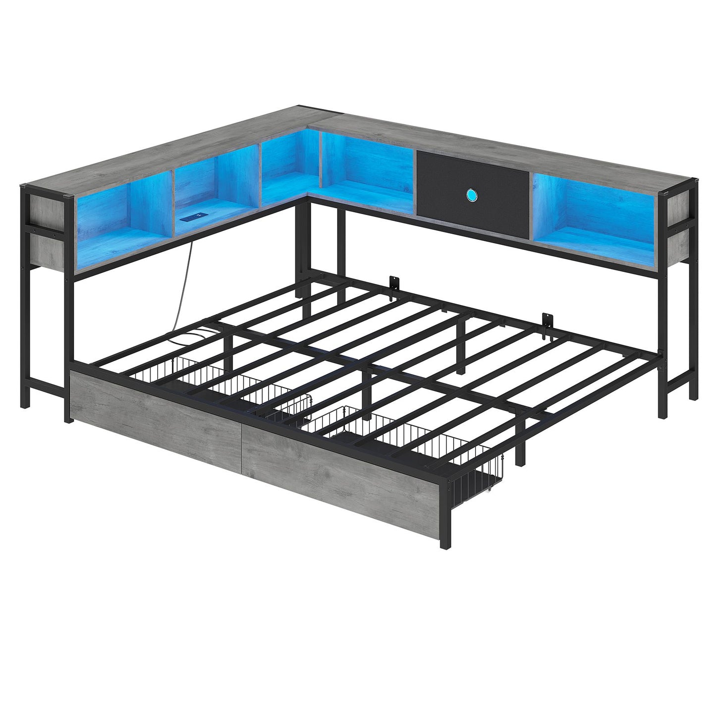 Hasuit | Corner Bed Frame with Storage Drawers and Bookcase Headboard Metal Platform Day Bed with Charging Station and LED Lights Oak Gray