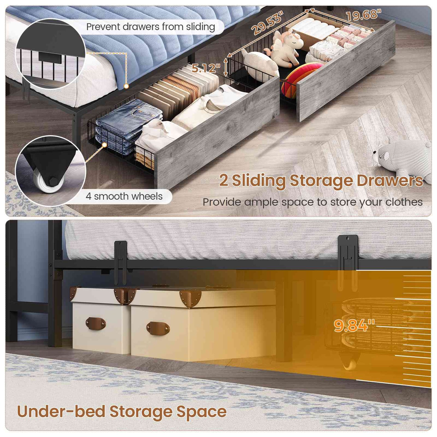 Hasuit | Corner Bed Frame with Storage Drawers and Bookcase Headboard Metal Platform Day Bed with Charging Station and LED Lights Oak Gray