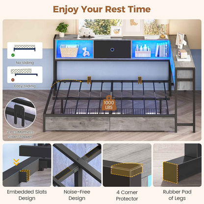 Hasuit | Corner Bed Frame with Storage Drawers and Bookcase Headboard Metal Platform Day Bed with Charging Station and LED Lights Oak Gray