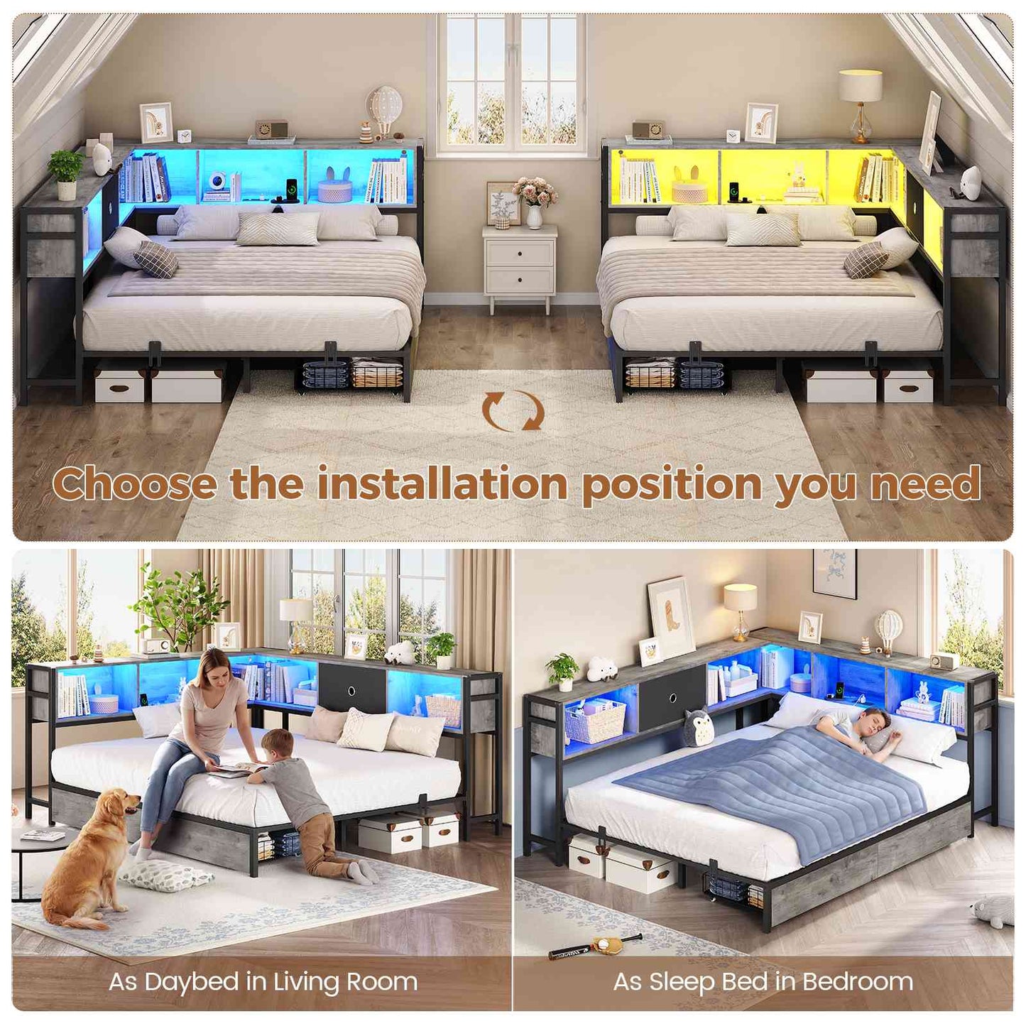 Hasuit | Corner Bed Frame with Storage Drawers and Bookcase Headboard Metal Platform Day Bed with Charging Station and LED Lights Oak Gray