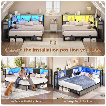 Hasuit | Corner Bed Frame with Storage Drawers and Bookcase Headboard Metal Platform Day Bed with Charging Station and LED Lights Oak Gray