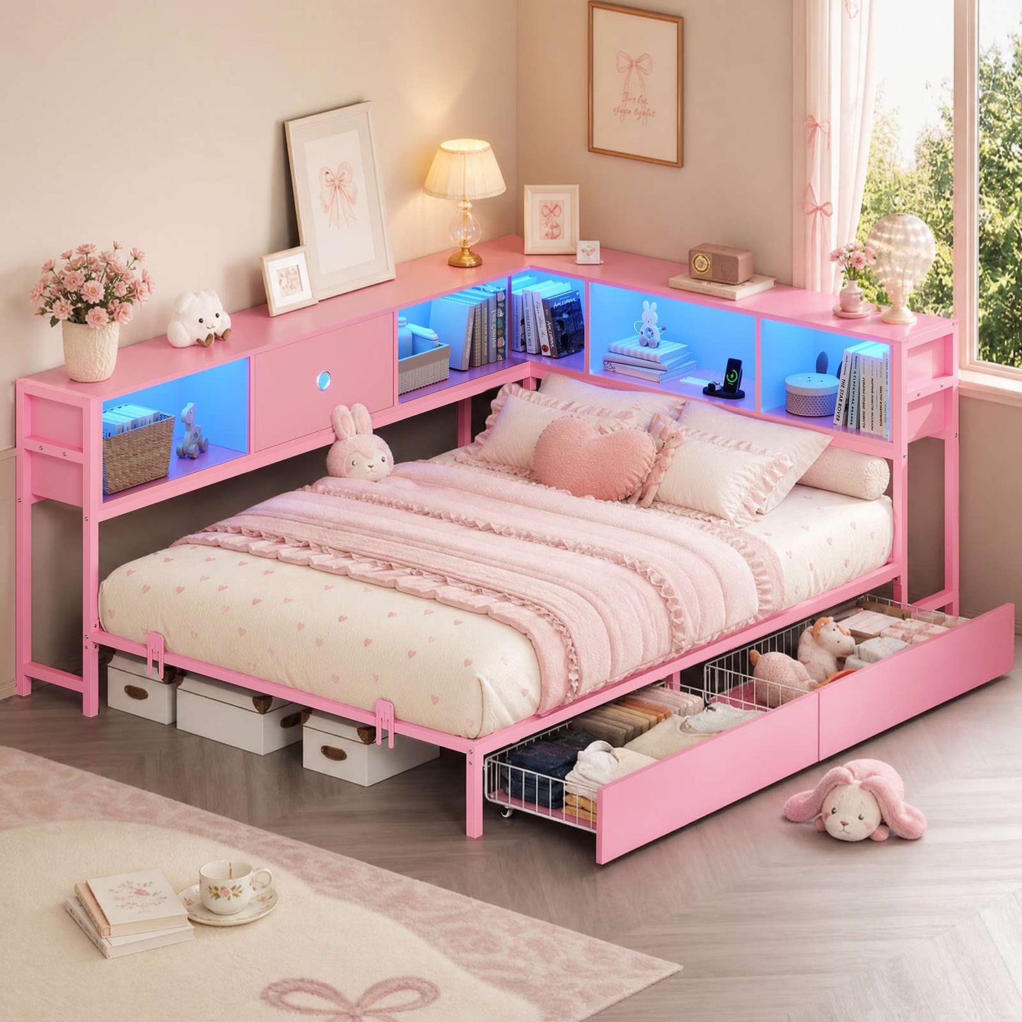 Hasuit | Corner Bed Frame with Storage Bookcase Day Bed with Charging Station and LED Lights Convertible Beds for Kids Teens Pink