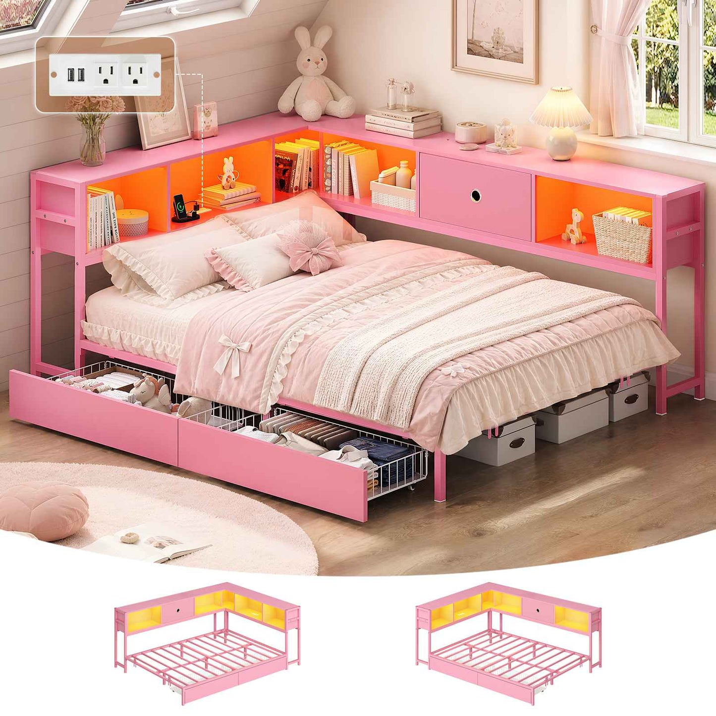 Hasuit | Corner Bed Frame with Storage Bookcase Day Bed with Charging Station and LED Lights Convertible Beds for Kids Teens Pink