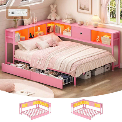 Hasuit | Corner Bed Frame with Storage Bookcase Day Bed with Charging Station and LED Lights Convertible Beds for Kids Teens Pink
