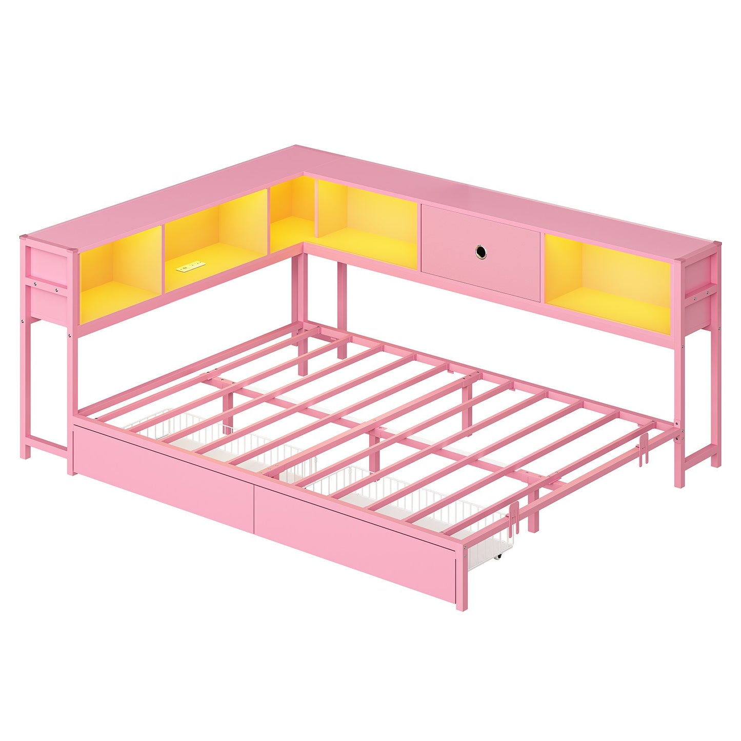 Hasuit | Corner Bed Frame with Storage Bookcase Day Bed with Charging Station and LED Lights Convertible Beds for Kids Teens Pink