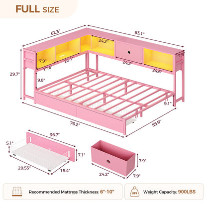 Hasuit | Corner Bed Frame with Storage Bookcase Day Bed with Charging Station and LED Lights Convertible Beds for Kids Teens Pink