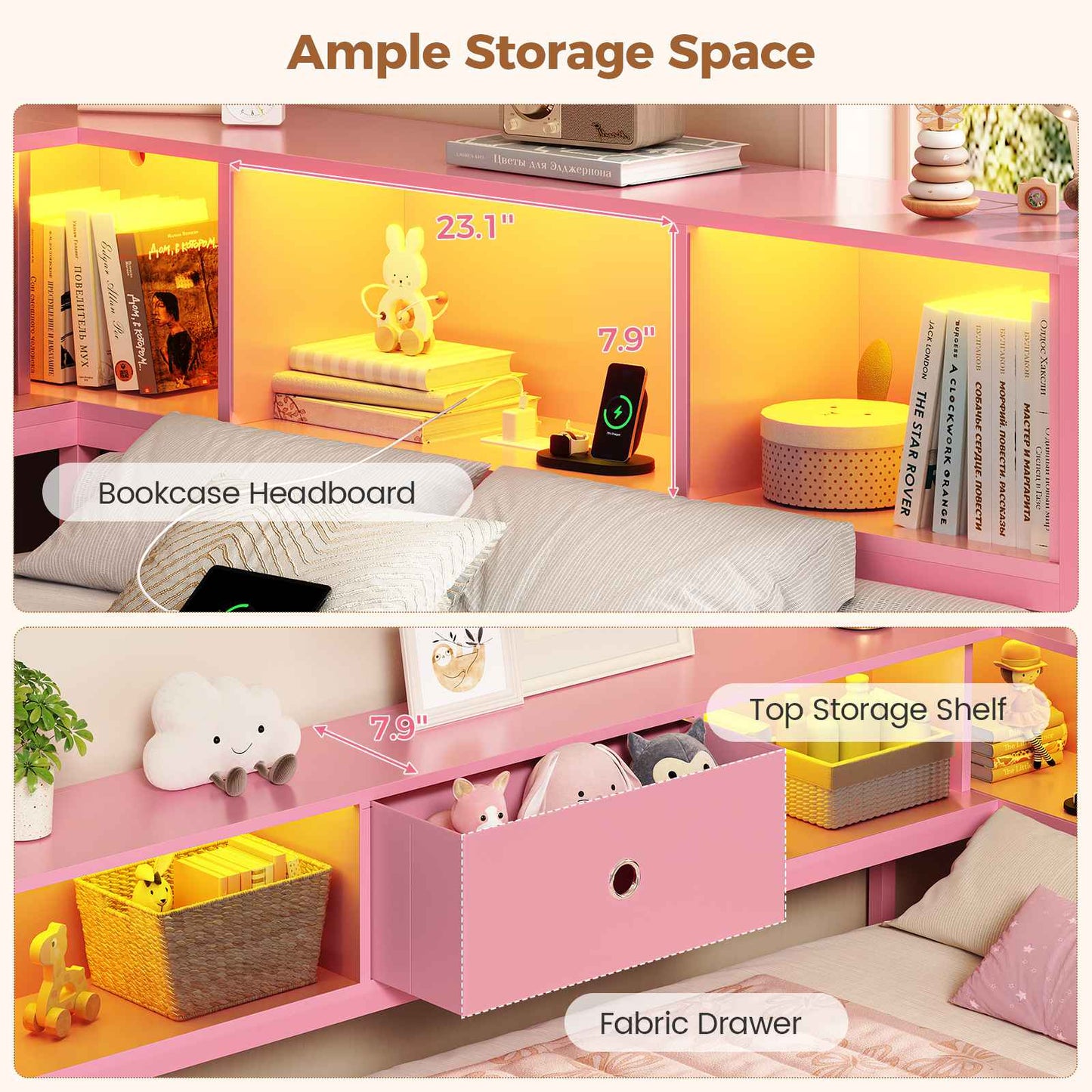 Hasuit | Corner Bed Frame with Storage Bookcase Day Bed with Charging Station and LED Lights Convertible Beds for Kids Teens Pink