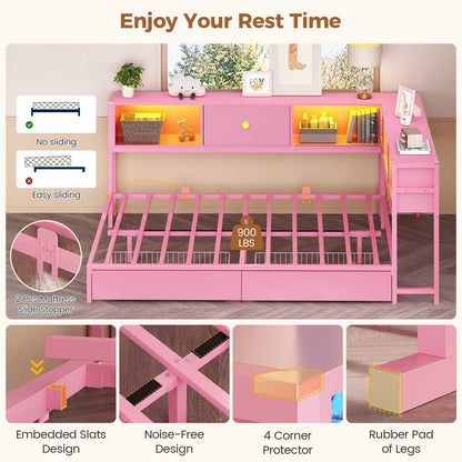 Hasuit | Corner Bed Frame with Storage Bookcase Day Bed with Charging Station and LED Lights Convertible Beds for Kids Teens Pink